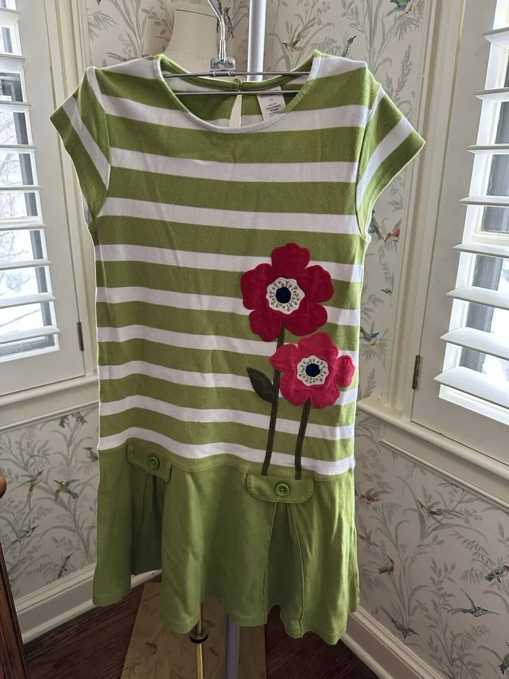 Gymboree “BLOOMING NAUTICAL” Cotton Green stripe DRESS Pleats POPPY Girls 10